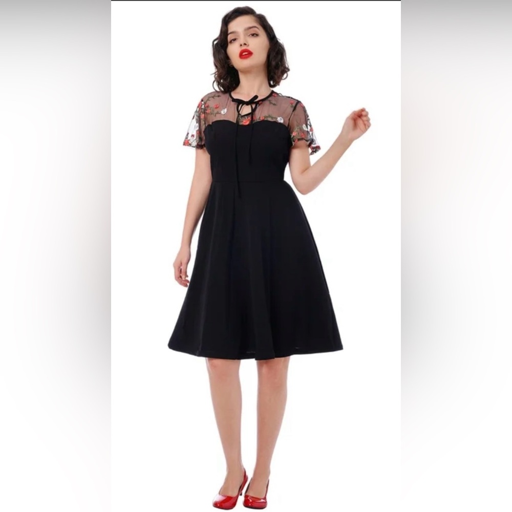 Chic Black Dress with Floral Sheer Sleeves